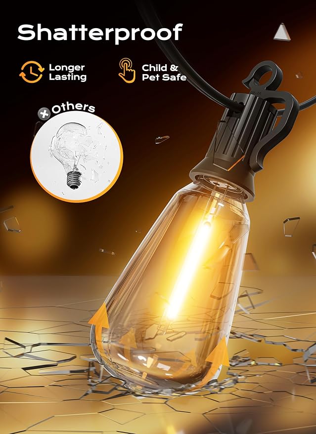 Brightown Outdoor String Lights, 200FT 64+2 LED ST38 LED Patio Lights Shatterproof, Dimmable IP65 Waterproof Connectable Hanging Outdoor Light for Backyard, Porch, Deck, Balcony
