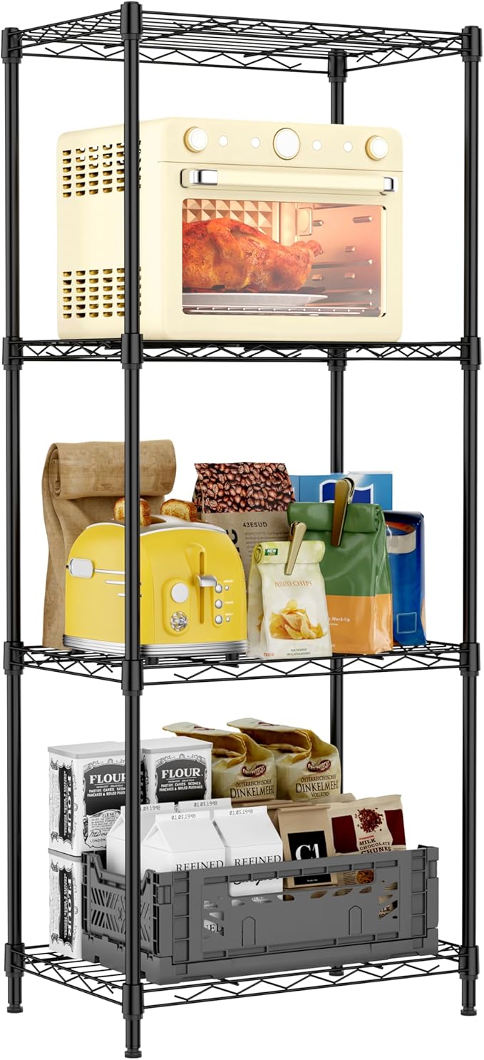 IZEUK 4 Tier Metal Wire Shelf Unit, Black Storage Rack Organizer for Kitchen, Bedroom, Living Room or Laundry Room, 17.7" W x 11.8" D x 41.9" H