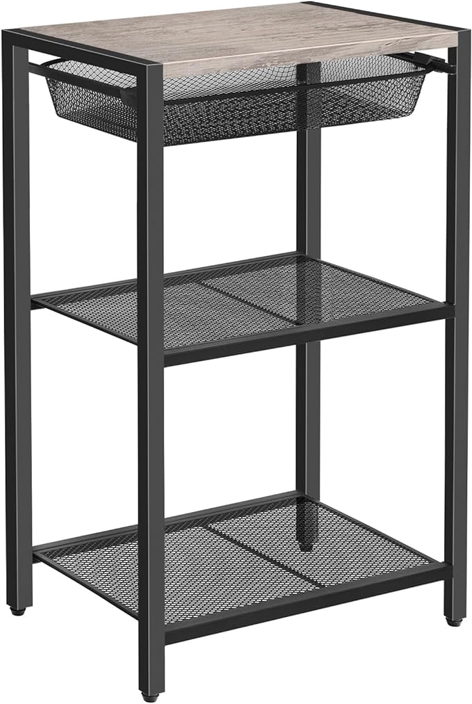HOOBRO 28.7 Inch Tall Side Table, 3-Tier Industrial Telephone End Table with Adjustable Metal Mesh Basket, Desk Side Table with Storage Shelves, for Living Room, Bedroom, Office, Greige BG06DH01