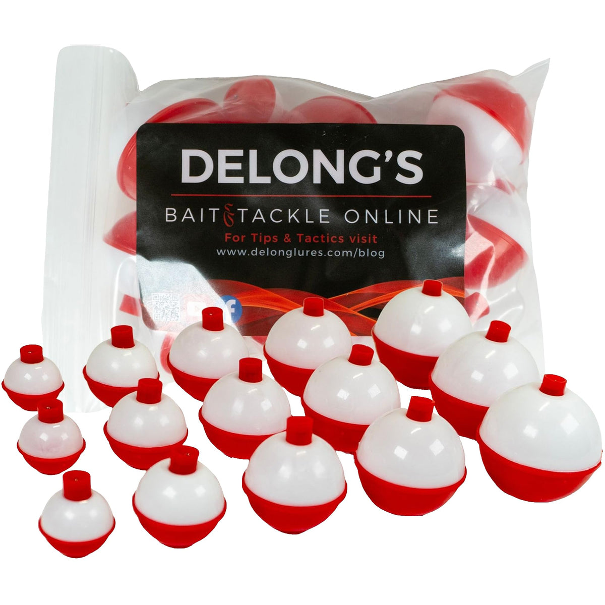 DeLong Lures Red and White Snap-On Fishing Bobbers – 15 Pack, 5 Sizes for Panfish, Bass, Trout, and Kids