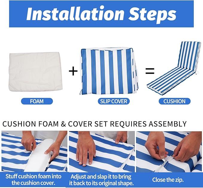 Outdoor Chaise Lounge Cushions for Patio, 72"x22"x3" Lounge Chair Cushions Set of 2, Waterproof Replacement Seat Cushions for Outdoor Furniture