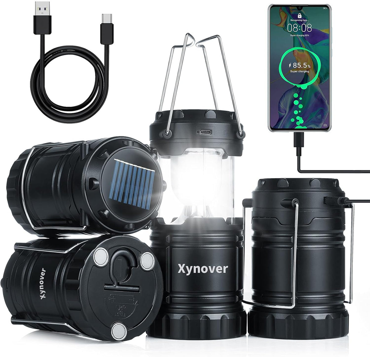 Skiennix 4-Pack Solar Camping Lanterns - Rechargeable LED with USB & AA Battery | Waterproof & Collapsible for Emergencies, Hiking, and Power Outages