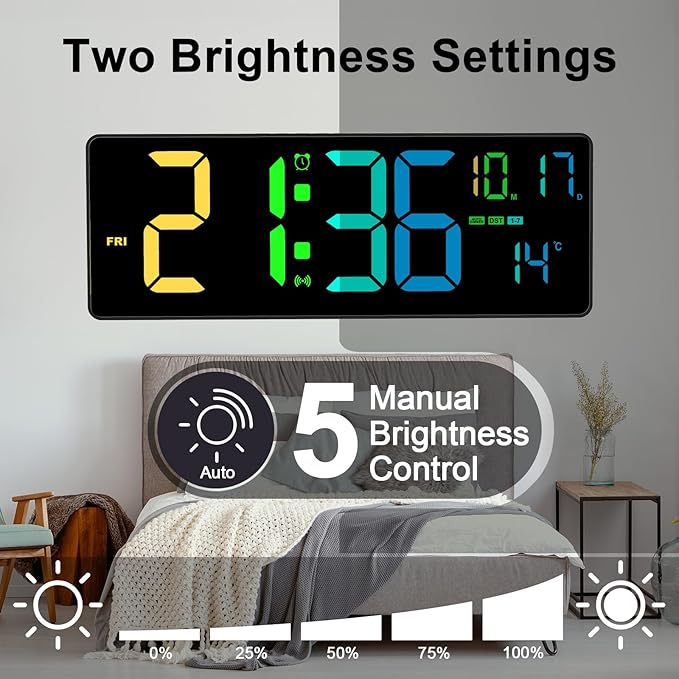 16" Bluetooth Large Digital Wall Clock/Auto Time Sync, 10 RGB Colors Digital