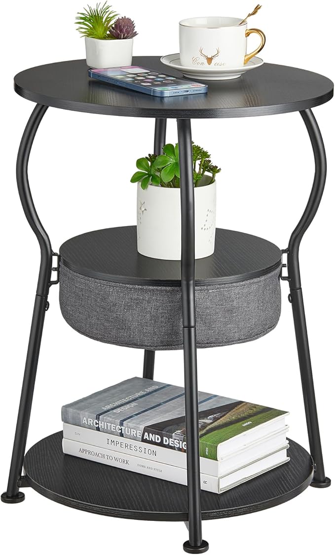 Small Round Side Table with Storage Bag, 3-Tier Accent Round End Table with Storage Shelves for Living Room, 21.6" H Vintage Small Corner Table for Smalls Spaces (D - 15.8 in Black)