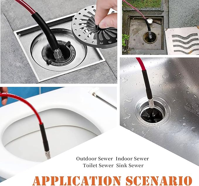 Sewer Jetter Kit for Pressure Washer, 100FT Drain Cleaner Hose 5800PSI with 1/4 Inch NPT Corner, Rotating Nozzle and 4 Different Button Nose Sewer Jet Nozzles, Waterproof Tape and 2 Spanners（Red）