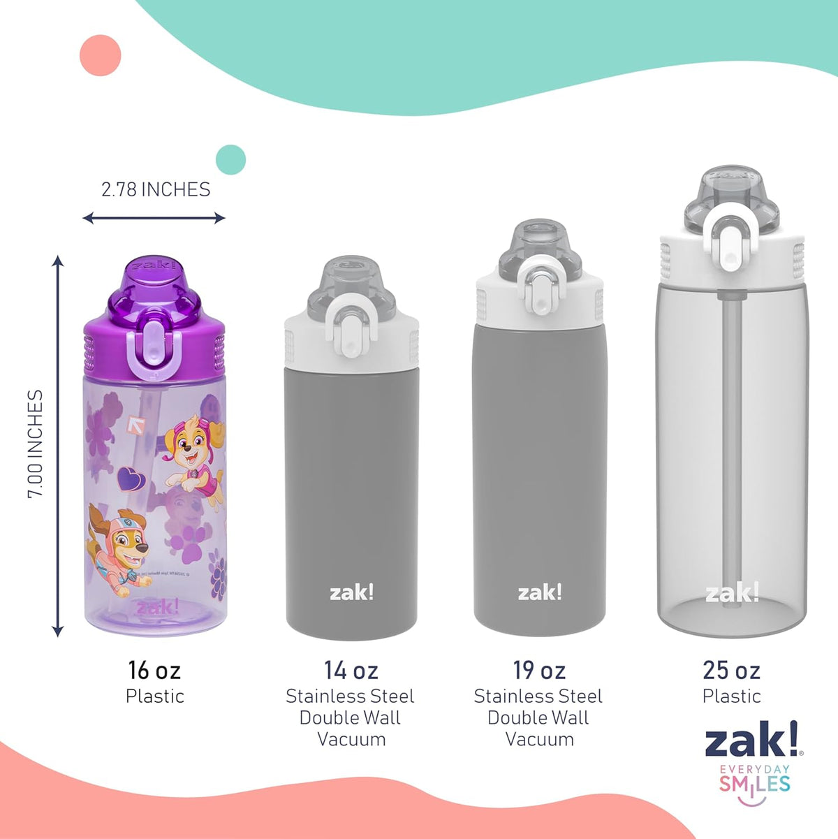 Zak Designs PAW Patrol Sage Kids Water Bottle For School or Travel, 16oz Durable Plastic Water Bottle With Straw, Handle, and Leak-Proof, Pop-Up Spout Cover, 2-Pack Set (Skye & Friends)