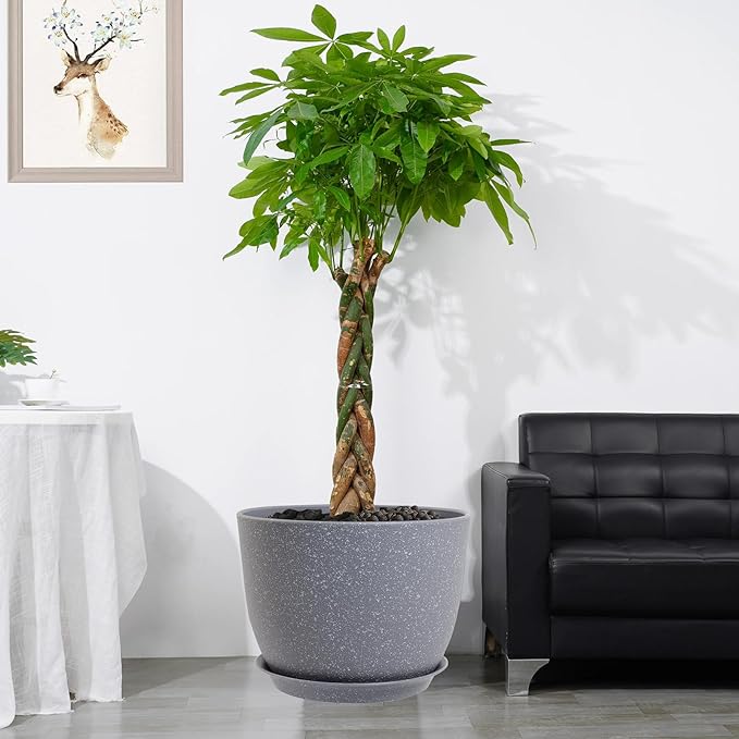 12inch Large Plant Pot, Modern Plastic Planter with High Driange Holes and Saucer for Indoor Outdoor Garden Plants and Flowers, Grey Speckles
