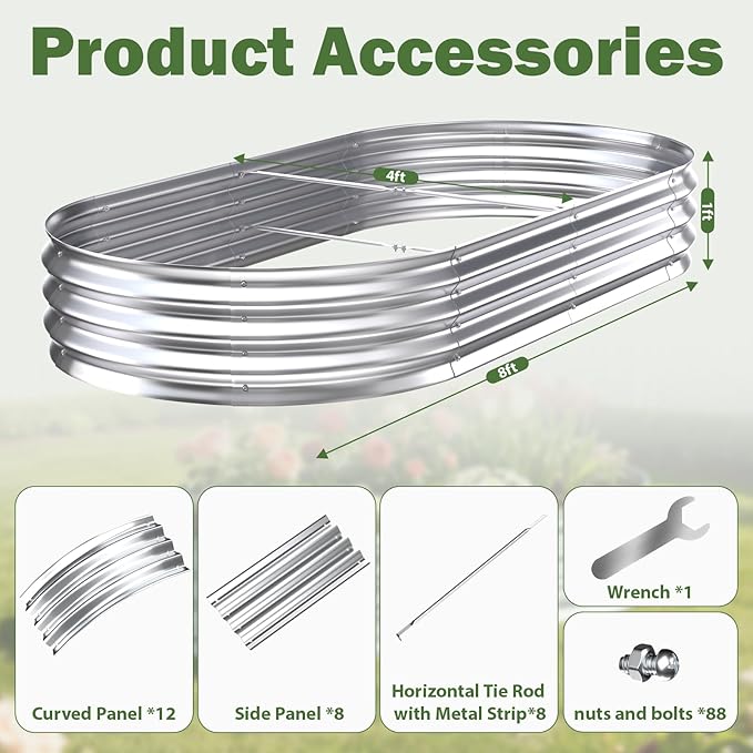 Galvanized Raised Garden Bed Outdoor, 8x4x1ft(2 Pack) Metal Heavy Duty Planter Boxes for Gardening, Easy Assemble Large Oval Plant Container Kit for Vegetable, Flower, Fruit, Silver