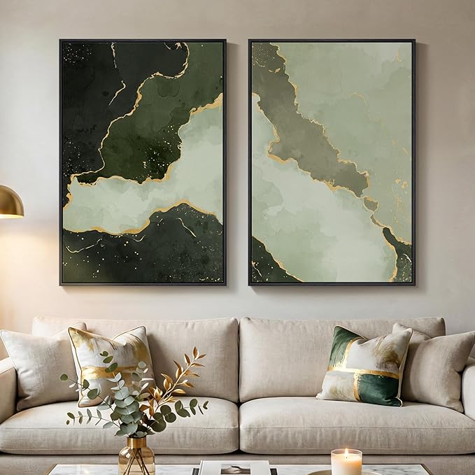 Large Framed Green Abstract Wall Art Set of 2, Modern Canvas Prints Paintings