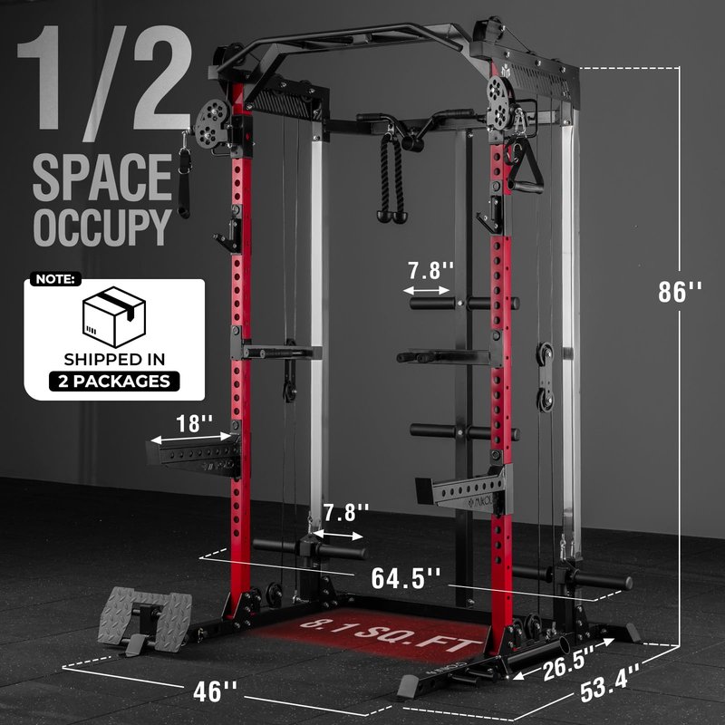Mikolo Power Cage, 2000LB Power Rack with Independent Dual Pulley System, Multi-Function Home Gym Workout Machine for Cable Crossover (Red)