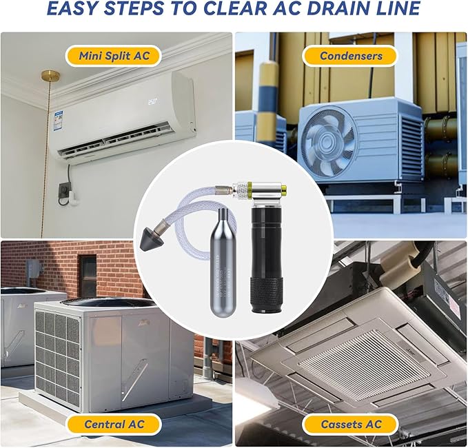Upgraded Drain Device, AC Drain Line Cleaner Device, AC Drains Line Unclogger Tool, with 6 Unthreaded CO2 Cartridges, with a Flexible Hose to Clear All HVAC Clogs,20 Gram Unthreaded CO2