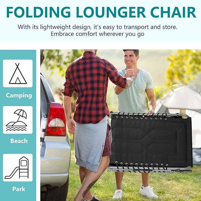 Portable Foldable Sun Tanning Chair, Heavy Duty Adjustable Folding Laying Out Chairs for Tanning, Beach Lounge Chairs for Adults for Outdoor Sunbathing Patio Pool Lawn Camping Deck (Black)