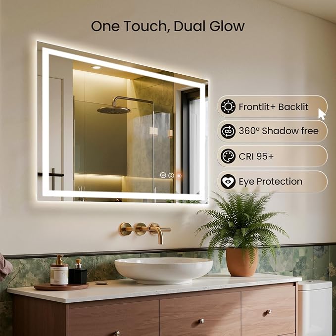 48X32 LED Bathroom Mirror with Lights, Backlit + Front Lit, Lighted Bathroom