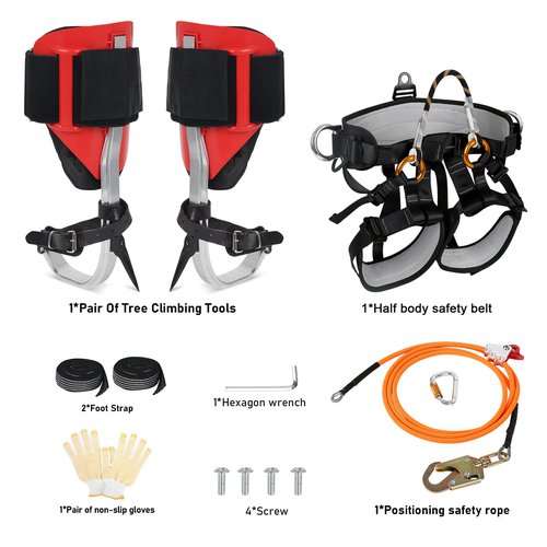 Tree Climbing Spikes Set for Tree Work, Adjustable Tree Climbing Gear with Safety Seat for Tree Climbing and 10FT Steel Wire Core Flip Line Kit for Outdoor Jungle Survival Fruit Picking (Full Set)