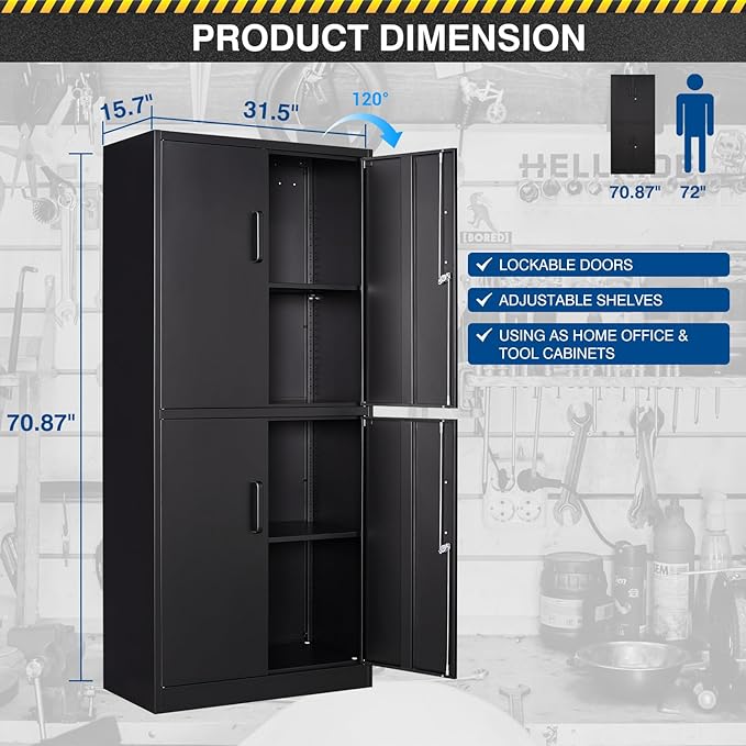 71” Metal Storage Cabinet-Lockable File Garage Tool Cabinets with Doors and Shelves-Tall Black Steel Cabinet for Garage-Heavy Duty File Storage for Office, Gym, School