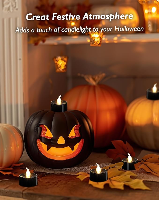 Black Candles, 12 Pack Tea Lights Candles Battery Operated, LED Tealight Candle, Flameless Votive Candle for Fall Holiday Decor, Theme Party -1.4" D X 1.3" H