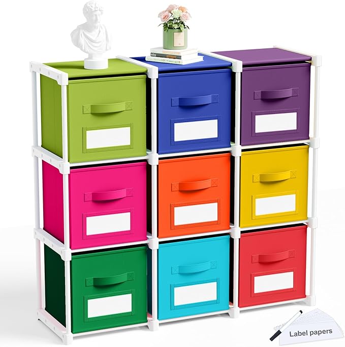 Geelin 9 Sets Cube Storage Organizer Bins with Shelf & Labels 11 Inch, Fabric Collapsible Cubby Toys Clothes Storage Drawer Unit for Daycare Nursery Playroom Bedroom Dorm Organizer (Rainbow)