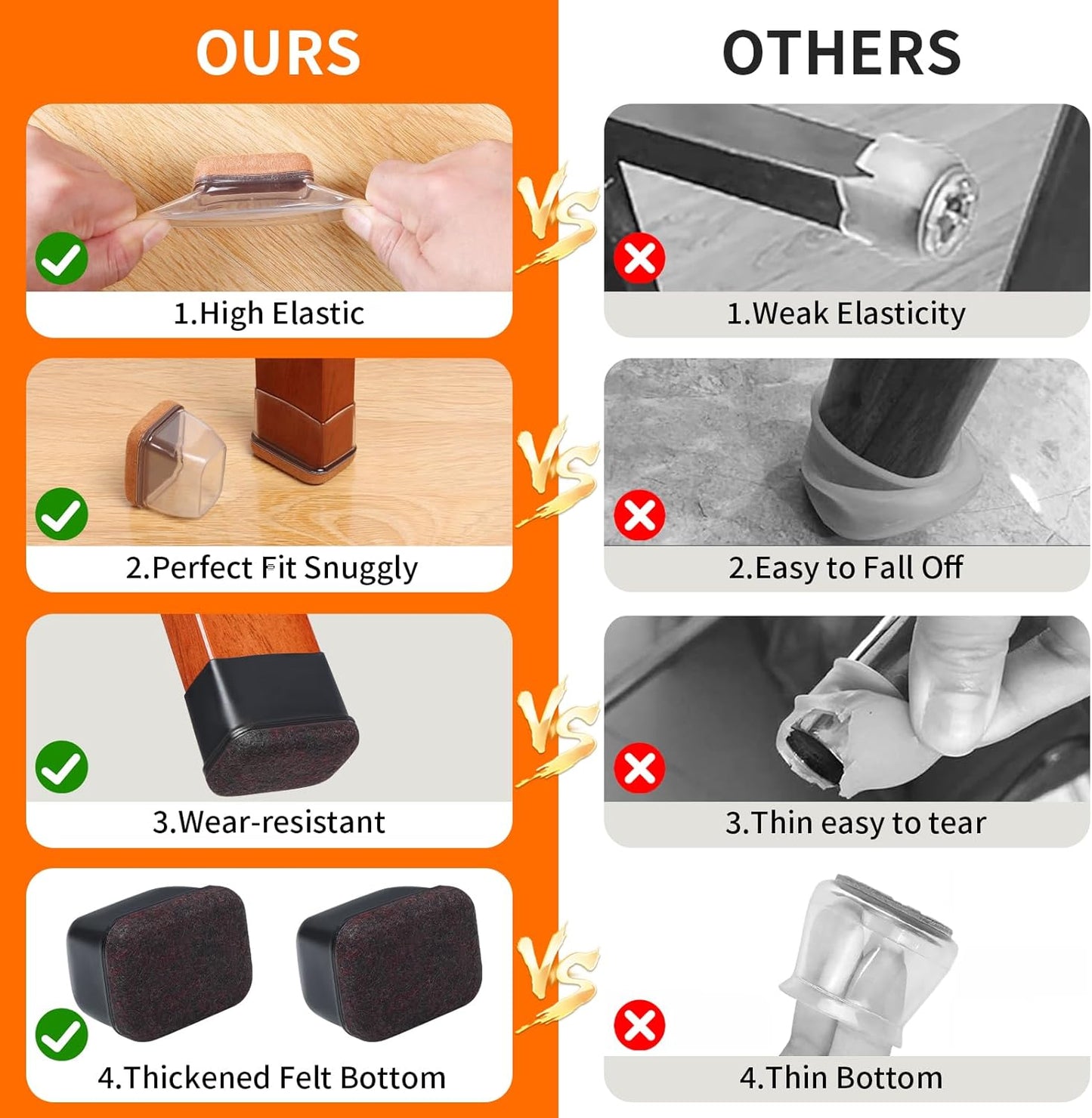 Ezprotekt 16 Pcs Rectangle Black Silicone Chair Leg Floor Protectors, Rectangle Felt Chair Leg Caps, Furniture Leg Covers Cups for Chair Table Desk, Anti- Scratches (Fit L :1.3-1.7", W: 0.6-0.9")