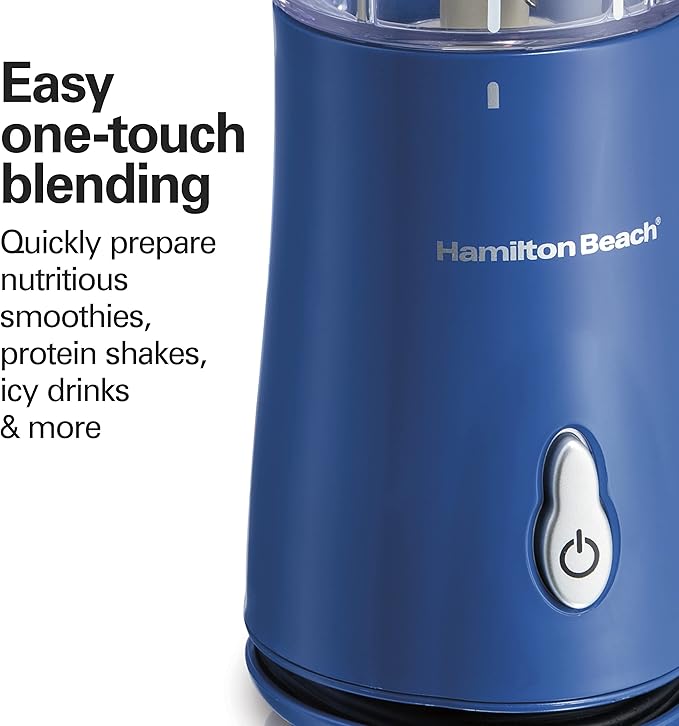 Hamilton Beach Portable Blender for Shakes and Smoothies, 14 Oz BPA Free Travel Cup & Lid, Durable Stainless Steel Blades, Personal Smoothie Blender, Blue (51132)