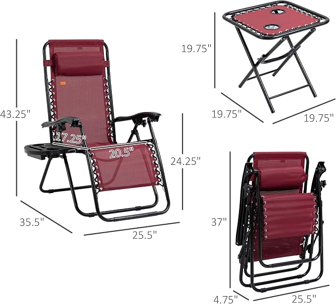 Outsunny Zero Gravity Chair Set with Side Table, Folding Reclining Chair with Cupholders & Pillows, Adjustable Lounge Chairs for Pool, Backyard, Lawn, Beach, Wine Red
