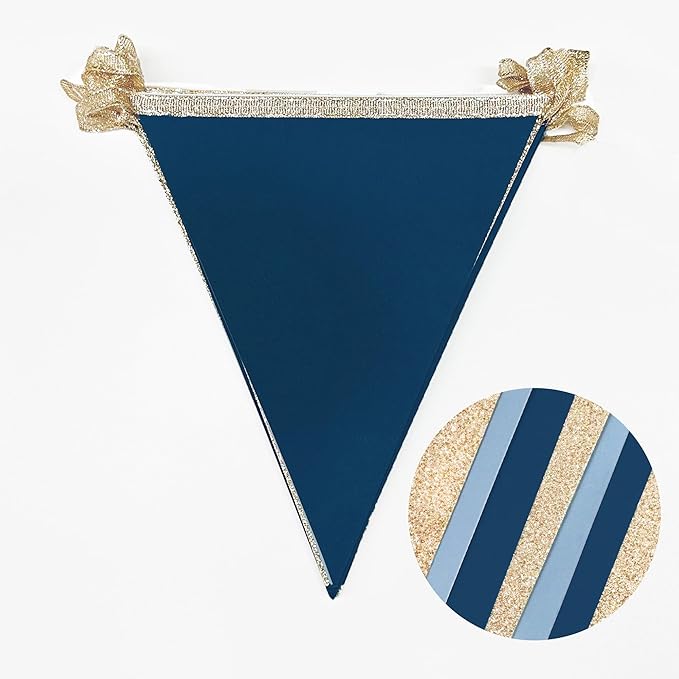Champagne Gold Navy Blue Dusty Blue Pennant Banner Flag Hanging Paper Triangle Bunting for Birthday Baby Shower Graduation Wedding Bachelor Retirement Nautical Ahoy Achor Party Decorations Supplies