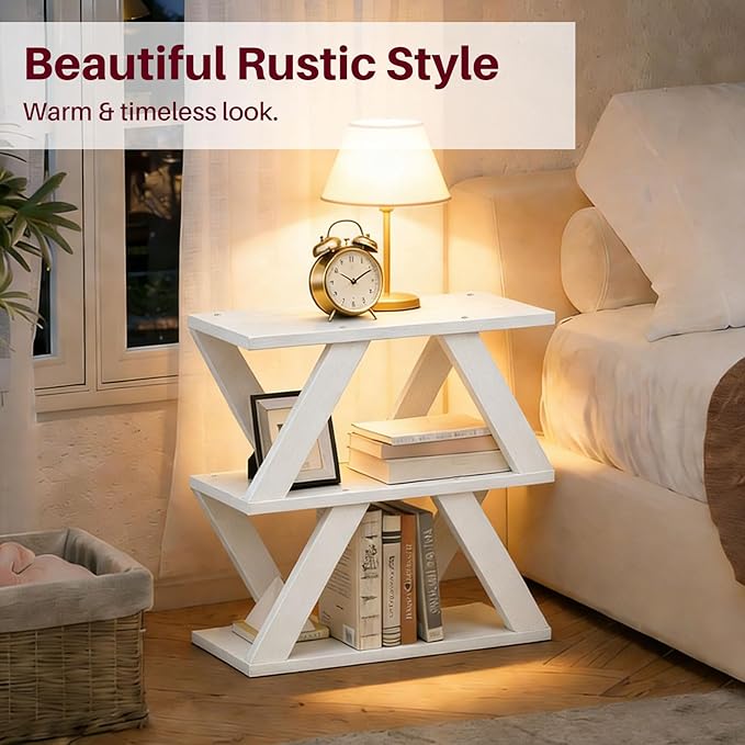 3 Tier Side Table with Side Guard Rails & Anti-Slip Pads, Narrow End Table for Small Spaces, Slim Nightstand with Storage Shelves for Bedroom, Living Room, White