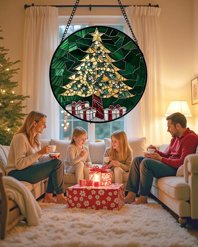 Stained Glass Window Hanging - Gold Green Christmas Tree Suncatcher for Doors Home Christmas Decoration Winter Sun Catcher Thanksgiving New Year Birthday Gifts for Women Men Mom Nana 6.3 in