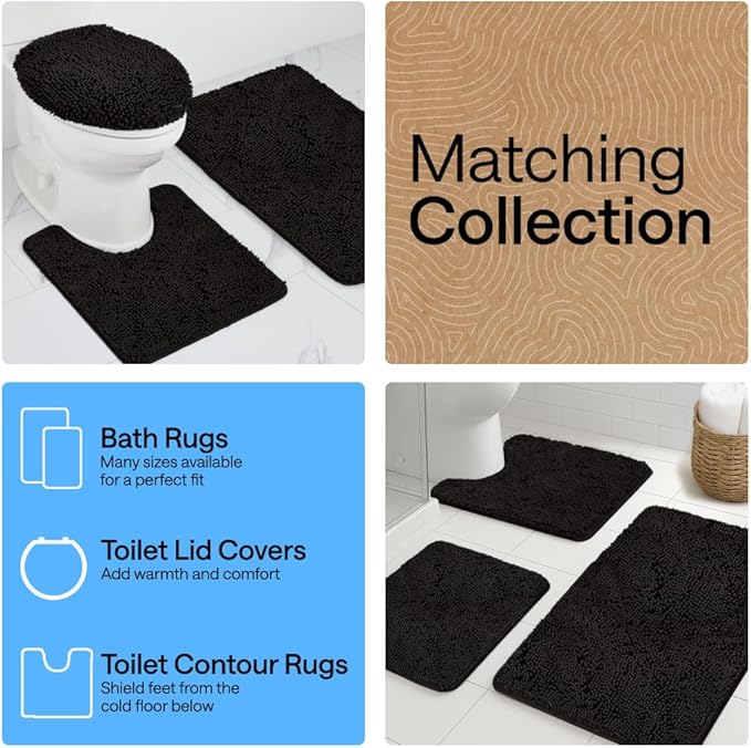 GORILLA GRIP Bathroom Rug Sets 3 Piece, Bath Mat Set and Oval Toilet Base with Rubber Backing, Plush Absorbent Shaggy Chenille Washable Mats, Includes 24x19.5, 24x17 and 30x20 Inch Rugs, Onyx