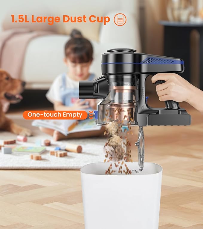 NADALY Cordless Vacuum Cleaner, 500W 40KPa Self-Standing Stick Vacuum with 45-Min Runtime, Anti-Tangle V-Shaped Brush, 1.5L Large Dust Cup, Lightweight for Hardwood Floor Carpet Pet Hair