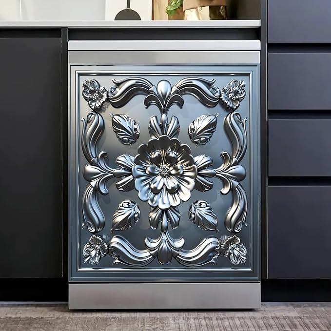 Stainless Steel Flower Pattern Dishwasher Magnetic Cover 3D Effect Decorate Panel Decal for Refrigerator Fridge Magnet Beautiful Flowers Magnets for Kitchen Home 23"x26"
