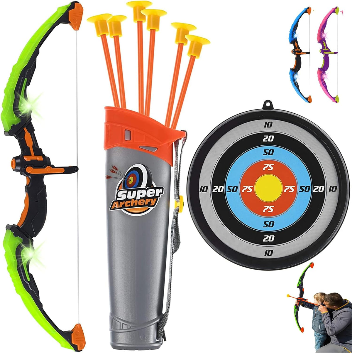 ToyVelt Kids Bow and Arrow Set - Light-Up Archery Set with 6 Suction Arrows, Target and Quiver - Outdoor and Indoor Toy for Boys and Girls Ages 4-12 (Green)