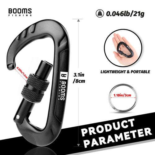 Booms Fishing Locking Carabiner Clip: 3.1" Heavy Duty Black Carabiner Clip 12kN/2697lbs Large Aluminum Carbiner for Camping Hiking Gym Hammock Key Backpack Dog Leash Carbineers Keychain Hook 4PCS CC11