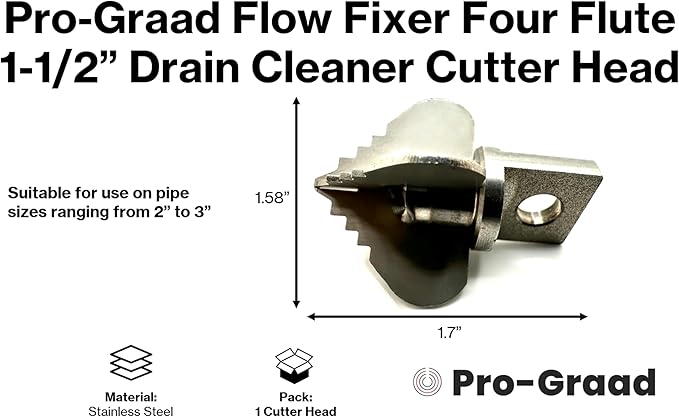 1.6” Spear 4 Flute Flow Fixer Drain Cleaner Plumbing Snake Cutter Head for 2” – 3” Pipes, Clears & Scrapes Inner Walls, Fits 3/8” 1/2" or 9/16” Cables, Commercial & Residential Use