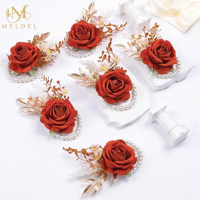 Meldel Orange Velvet Rose Wrist Corsage, Set of 6, Wedding Bridal Flower Corsage Hand Decor for Prom Party Homecoming, Wristband Flowers Bride, Bridesmaid, Girl