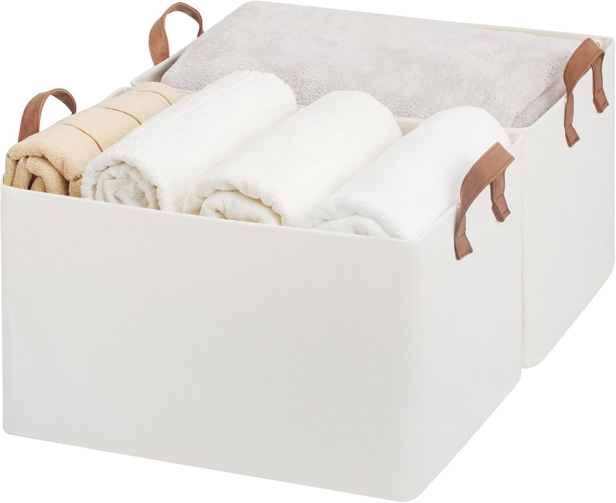 StorageWorks 45L Extra Large Fabric Storage Bins with PU Handles, Storage Baskets for Organizing, Large Laundry Basket, 2-Pack, Beige, 19" L X 13.25" W X 11" H