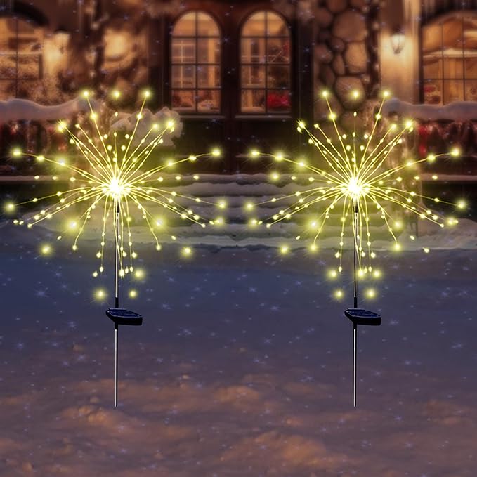 Solar Garden Firework Lights Outdoor Waterproof 2 Pack Solar Powered Art Stake Twinkle Lighting for Outside Decor, 120 LED Sparklers String Lights for Yard Party Decorations (Warm White)