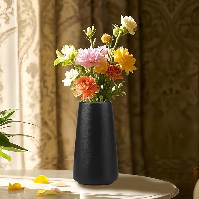 Simple Vase for Flowers Plants, Matte Vases for Modern Table Shelf Home Decor Wedding Boho Decor, 6" H Frosted Elegant Ceramic Vase for Pampas Grass Fluffy Stem Bouquet Lavender Flowers (Black, 4)