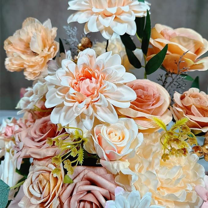 Artificial Flowers Combo Box Set 35pcs Silk Champagne Fake Rose, Peonies with Stem for DIY Wedding Cake Arch Bouquets Baby Bridal Shower Centerpieces Party Wall Home Decorations