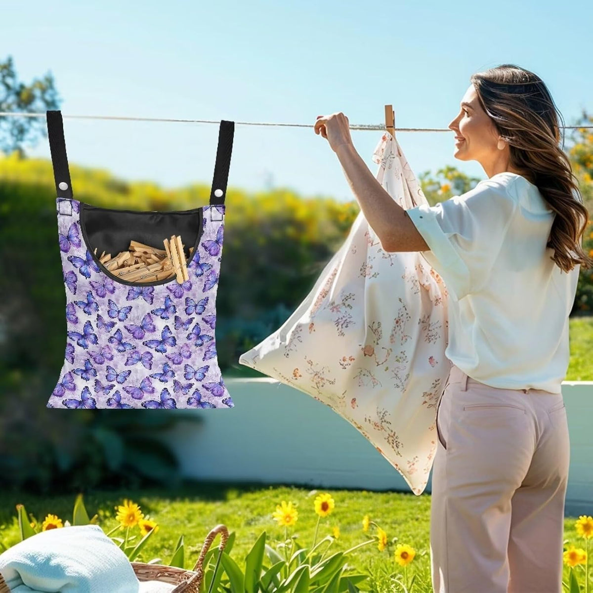 Butterfly Purple Clothespin Bag for Clothesline Outdoor, Soft & Lightweight Hanging Bag for Laundry, Clothes Pins Bag Holder Outdoor, Clothes Pin Bag for Outside