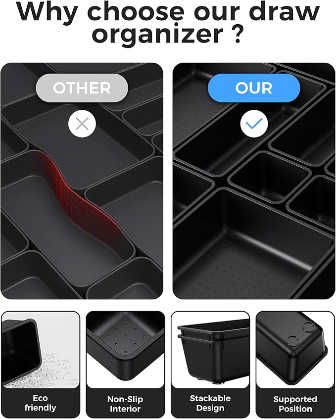 25 PCS Plastic Drawer Organizers Set, 4-Sizes Vanity and Makeup Organizer, Desk and bathroom Drawer Organizer Trays, Organizers and Storage for Makeup, Jewelry, Gadgets, Utensils (Black)