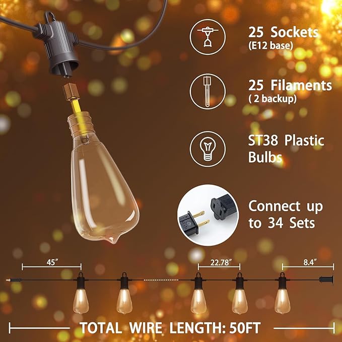 Outdoor String Lights 48 ft, LED Patio Lights with 16（15+1 Spare S14 Shatterproof Bulbs, IP 65 Waterproof, Outside Hanging Light for Cafe Bistro Backyard