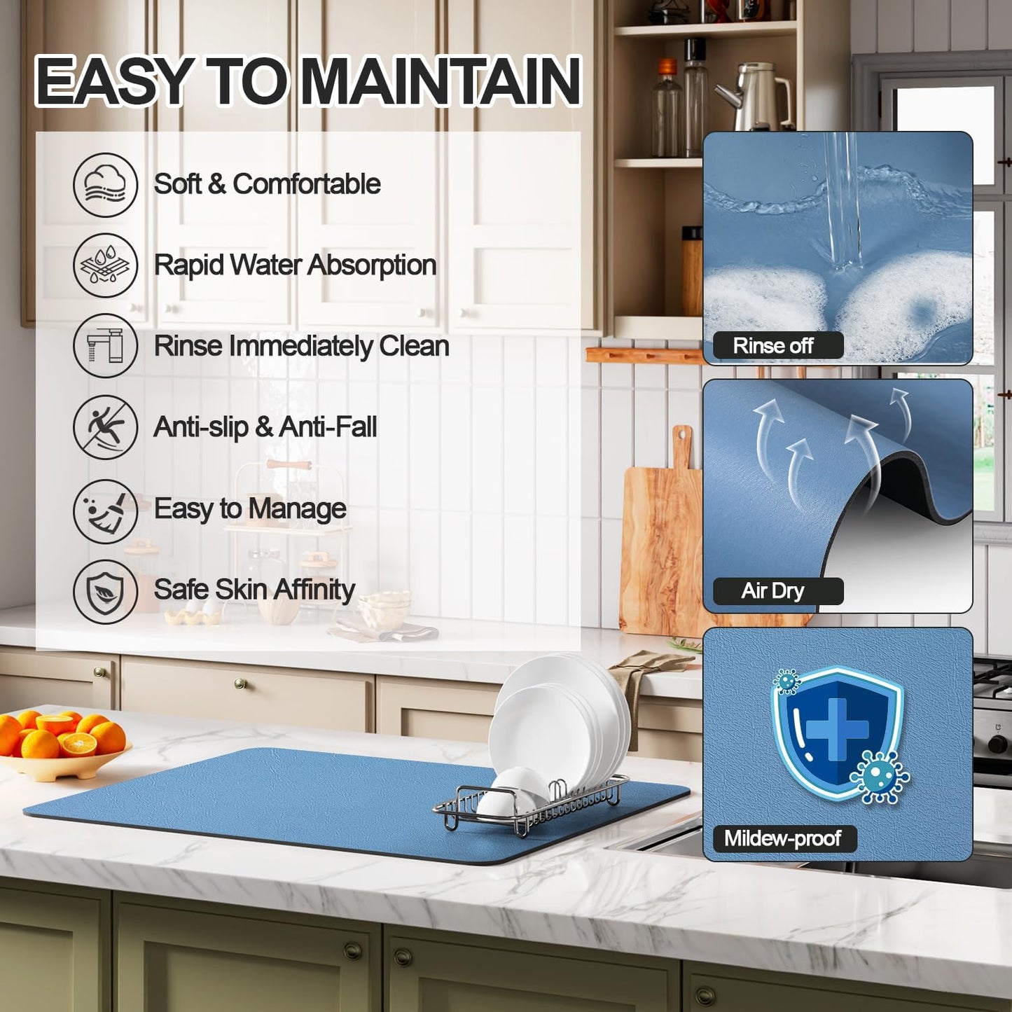 Dish Drying Mat for Kitchen Counter | Coffee Bar Mat for Countertops | Heat Resistant Drainer Mat with Non-slip Rubber Backed | Hide Stain Kitchen Absorbent Draining Mat | Blue 18"x24"