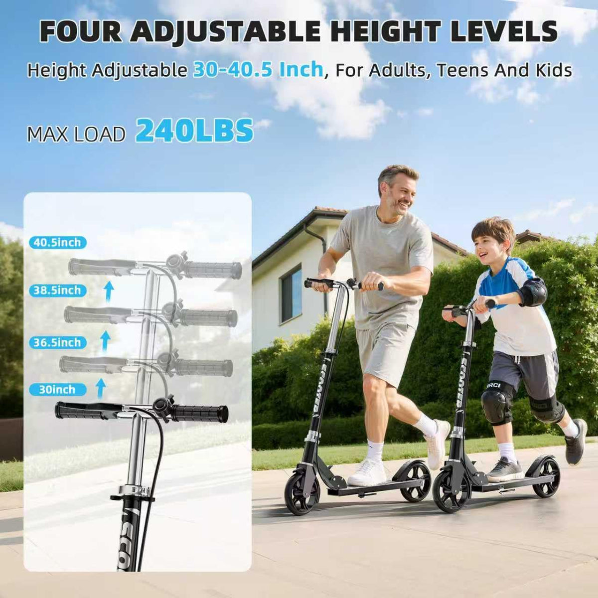 Scooters for Kids 8-12, Teens & Adults - Lightweight, Foldable, 8-Inch Big Wheels, Hand Brake & Bell, 4 Adjustable Height Levels, 240 lbs Max Load - Perfect for School, Campus and Park Rides Black
