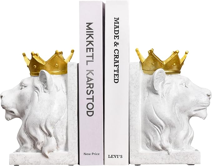 Decorative Lion Bookends - Modern Animal Book Stoppers for Heavy Books - White Lion Figurines