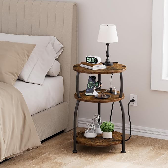 Round Side Table with Power Outlet & USB Ports, 3-Tier End Table with Storage Shelf, 15.7" Wide Nightstand for Small Spaces, Tall Bedside Table Capable of Charging Laptops & Phones, Rustic Brown
