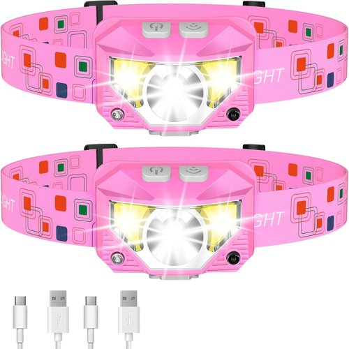 LHKNL Headlamp Flashlight - High Lumen LED Rechargeable Headlight with Motion Sensor | 2-Pack Waterproof for Camping & Hiking - Pink