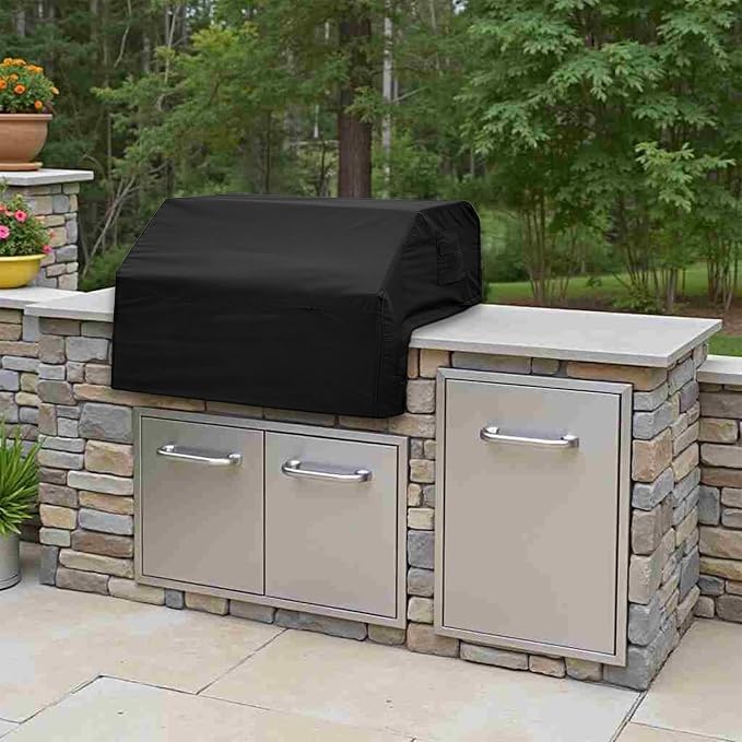 Covers & All Built-in Grill Cover for Outdoor Grill – Heavy Duty 12 oz Waterproof Built-in BBQ Grill Cover, PVC-Coated Polyester with Elastic Hem for Snug Fit (34 x 30 x 18 inches, Black)
