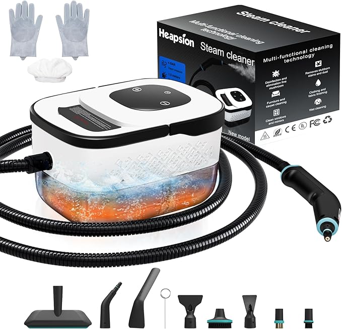 Heapsion Steam Cleaner, Steamer for Cleaning with 15s Heat-Up, 6 Adjustable Levels, Large 1.32 Quarts Tank, Pressurized Handheld Steam Cleaner for Home, Dirt, Grease, Grout, Tile,Floor, Car, 12 pcs