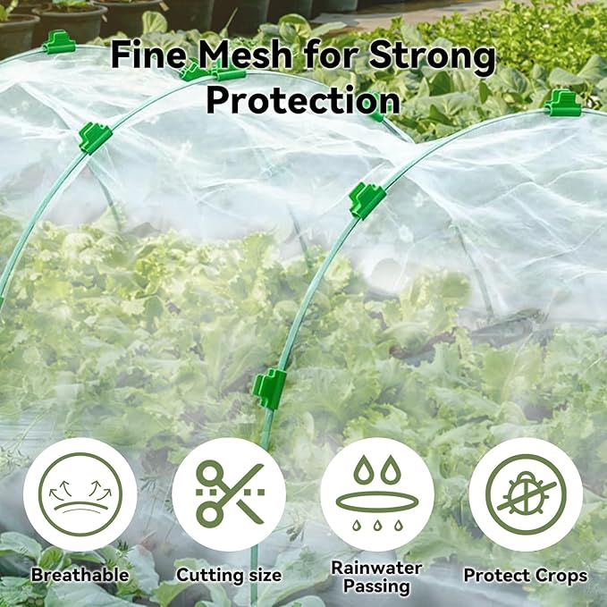 Garden Mesh Netting Kit for Raised Beds, 8 * 26FT Ultra Fine Plant Netting Covers with 6 Pcs Wide Garden Hoops & 12 Clips, Row Cover Net Protect Greenhouse Fruit Vegetable Flowers from Birds Bugs