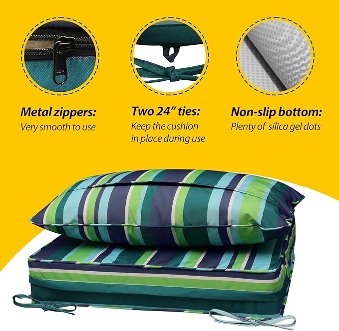 AAAAAcessories Outdoor Seat Cushions for Chairs, Fade-Resistant, Waterproof Patio Furniture Replacement Cushions, 21" x 19" x 3" + 21" x 19", Stormy Teal Coastal Stripe